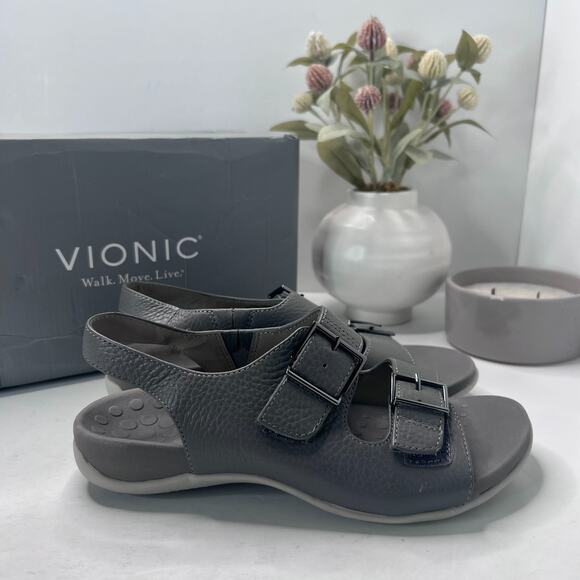 Vionic Albie Strappy Travel Leather Sandal Gray Orthotic Women 7.5 Wide - Picture 4 of 10